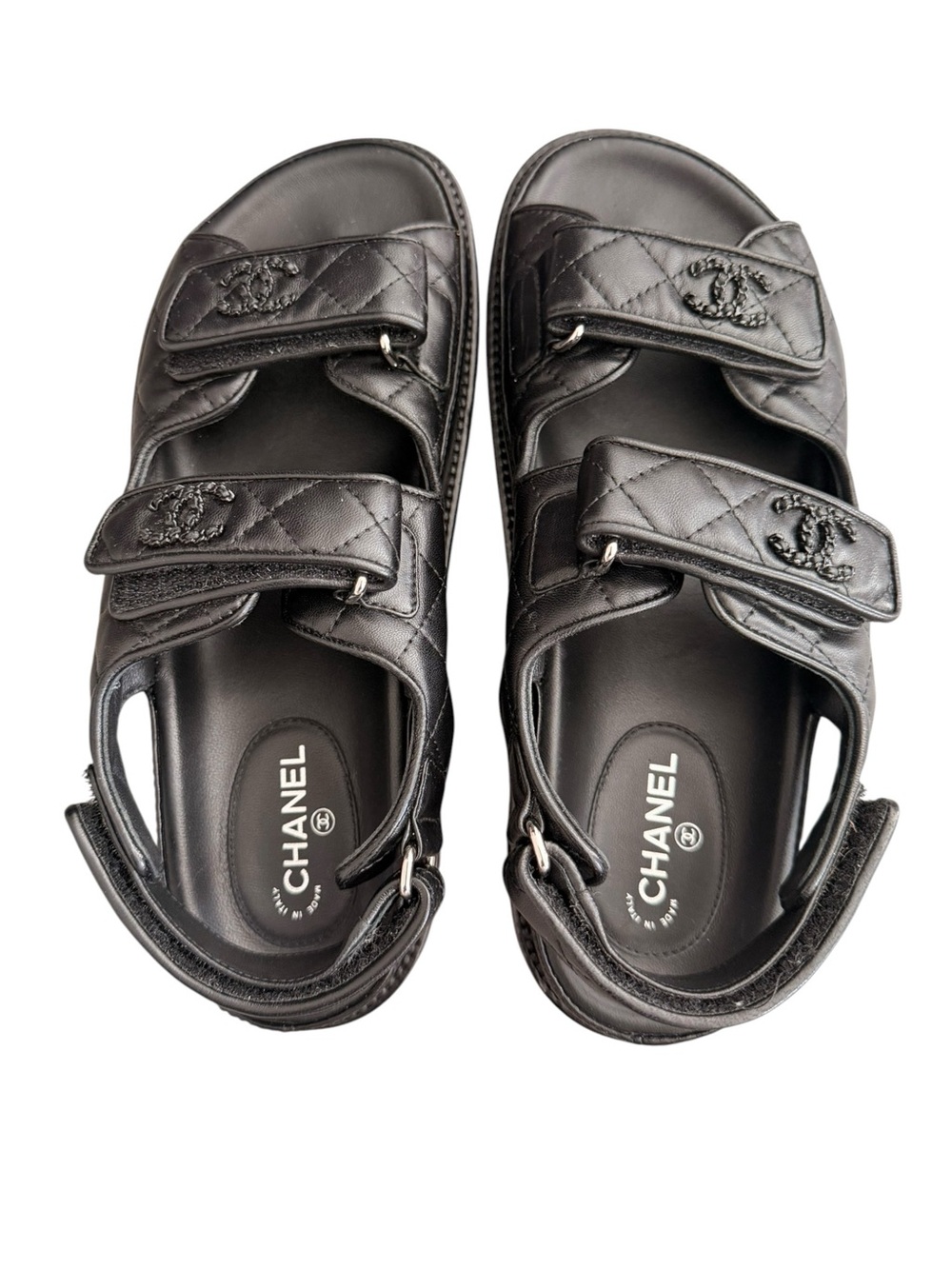 CHANEL Black Quilted Leather Kids Double-Strap Sandals